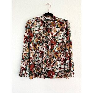 Sears Vintage Floral Print Button Up Shirt Long Sleeve Collar Tie Neck Women